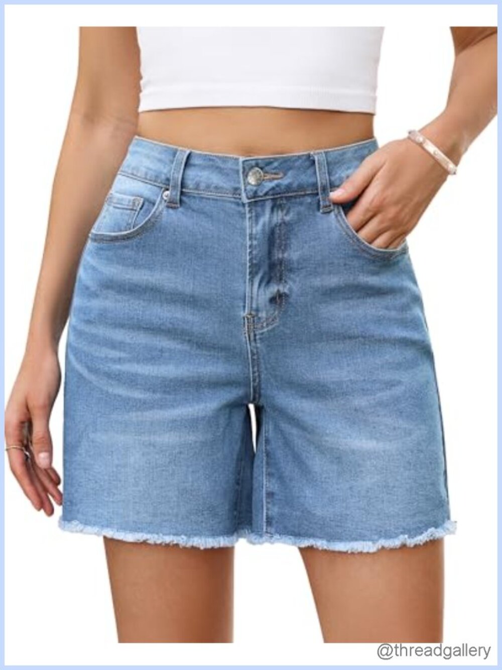 Women's High Waisted Raw Hem Distressed Denim Shorts Mid Thigh Stretchy Summer